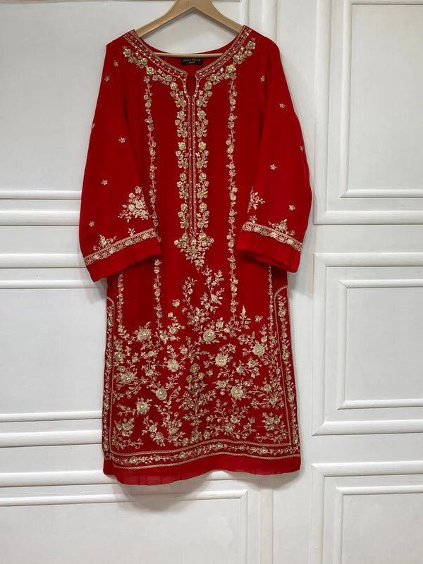 3 Piece - Pure Embroidered Bamber Chiffon RED Suit IS-0001