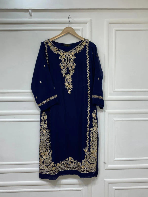 3 Piece - Pure Embroidered Bamber Chiffon ROYAL- BLUE Suit AN-0003